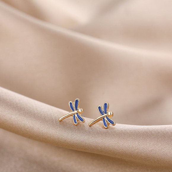 Small Blue & Gold Dragonfly Stud Earrings NEW - Picture 4 of 4